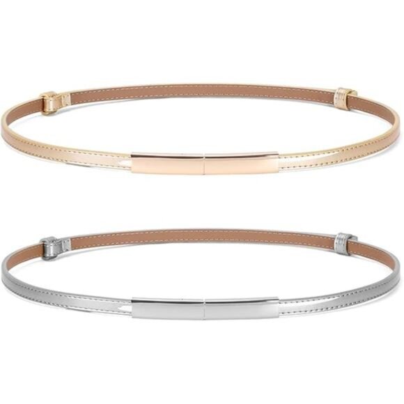 2 Pack Women's Skinny Patent Leather Belt Adjustable Slim Waist Belt for Dress - Picture 7 of 7
